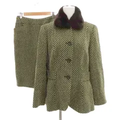 ハナエモリ HANAE MORI セットアップ ジャケット スカート ツイード レッキスファー ひざ丈 40 アイボリー 黒 ブラック /JS ■GY59