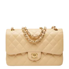 シャネル ココマーク マトラッセ30 ダブルフラップ チェーン ショルダーバッグ ベージュ キャビアスキン レディース CHANEL【243-38223】