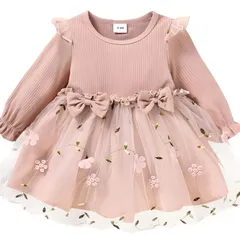 【即日発送】ワンピース チュールスカート 女の子 ドレス ピンク ベビー 長袖 半袖 リボン付き 花柄 チュチュ プリンセス風 80130cm 柔らかい素材 春 夏 秋 発表会 結婚式 誕生日 お呼ばれ 入園式 入学式 韓国風 かわいい