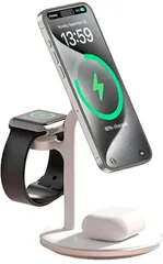 ワイヤレス充電器 3in1 磁気ワイヤレス急速充電器 T585-F-V12 iPhone12/13/14/15/16シリーズ用 AirPods Watch Qi2対応 15W急速充電 スマートウォッチ 充電スタンド 省スペース 3つ同時に充電 スマホスタンド