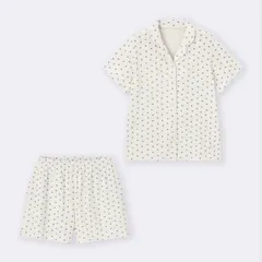 GU コットンブレンドリブパジャマ(半袖)(フラワー) M