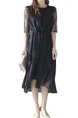 新品 [アウニイ] パーティードレス ワンピース 結婚式 ドレス レース ロングドレス 袖あり お呼ばれ 謝恩会 発表会 およばれ 演奏会 319104 (NV XL)