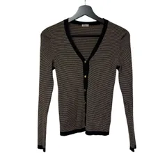  IENA イエナ ウール100% ボーダー Ｖネックカーディガン ブラウン×ブラック 金ボタン【C462】