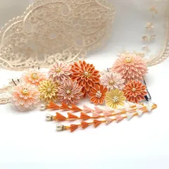 成人式 髪飾り オレンジ つまみ細工 正絹 振袖 袴 卒業式 結婚式 和装 ウェディング 9点セット