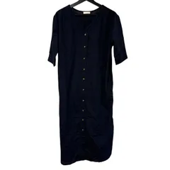  earth music&ecology アースミュージックアンドエコロジー リネン混 Vネック シャツワンピース ネイビー F【C462】