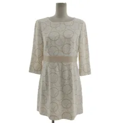 クレージュ courreges ワンピース 七分袖 ひざ丈 総柄 オフ白 ブラウン系 茶系 38