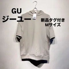 GU ジーユー ドライブダブルフェイス ビッグパーカー 5分袖 M パーカー メンズ ベージュ 半袖 スウェット 春夏 涼しい 大きめ 普段着 スポーツ フード付き Tシャツ トップス