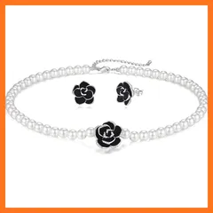 【新品】 [Aleasha] ブラック 薔薇 真珠 ネックレス ピアス セット おしゃれ 7mm 貝パール チョーカー 40cm レディース 冠婚葬祭 ジュエリー プレゼント (シルバー) 1