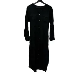  STRAWBERRY-FIELDS（ストロベリーフィールズ）リネン混 ロングシャツワンピース / マキシワンピース Vネック フロントボタン 背面リボン付き ブラック（黒）【C462】