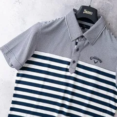 Callaway キャロウェイ 吸汗速乾 ストレッチ 半袖 ボタンダウン ポロシャツ トップス メンズ L 紺 白 ボーダー 切替 刺繍 ゴルフウェア