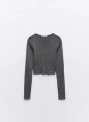 ZARA ザラ ニット/セーター S グレー ニット 無地 ショート丈 長袖 クルーネック(丸首)