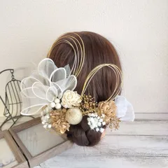 髪飾り＊成人式 卒業式 結婚式 ウェディング 振袖 袴 和装 前撮り~ボリュームリボン ダリア アップヘア シニヨン~ゴールド 金 20本