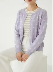 春色パステルラベンダー ドット レディース カーディガン 着丈46