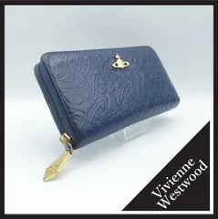 ✱Vivienne Westwood（ヴィヴィアンウエストウッド）✱ 長財布 ラウンドファスナー ネイビー 紺 ゴールド金具 型押し レザー 本革 オーブ 総柄 モノグラム 希少デザイン メンズ レディース ギフト