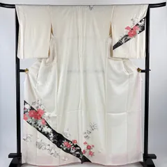 付下げ 身丈163.5cm 裄丈66cm M 袷 牡丹 秋草 刺繍 金銀彩 クリーム 正絹 優品 【中古】