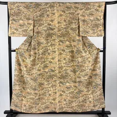 【美品】 小紋 身丈156cm 裄丈65.5cm M 袷 建物 人物 薄茶色 正絹 優品 【中古】