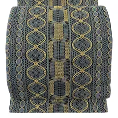 【美品】 袋帯 名品 幾何学模様 金糸 青紫 全通 正絹 【中古】