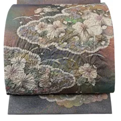 【美品】 袋帯 名品 雲文 草花 銀糸 箔 灰紫 お太鼓柄 正絹 【中古】