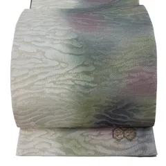 【美品】 袋帯 秀品 落款 ワンポイント柄 水面 銀通し 灰紫 全通 正絹 【中古】