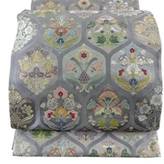 袋帯 秀品 亀甲 草花 唐織 金銀糸 灰色 六通 正絹 【中古】