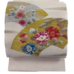 名古屋帯 秀品 八寸名古屋帯 松葉仕立て 扇面 草花 金糸 ベージュ 正絹 【中古】