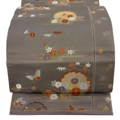 袋帯 秀品 関西仕立て 雪輪 蝶 金糸 箔 灰茶 六通 正絹 【中古】