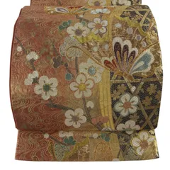 袋帯 秀品 梅 蝶 金銀糸 箔 オレンジ 六通 正絹 【中古】