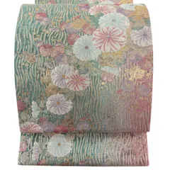 【美品】 袋帯 秀品 振袖向き 菊 枝梅 箔 金糸 緑 六通 正絹 【中古】