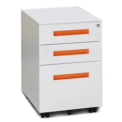 全新品 オフィスワゴン（ホワイト+オレンジ）デスクワゴン 完成品 サイドワゴン 1年安心保証 オフィスワゴン 大容量 3段 組立て不要 キャスター付き 鍵付き ホワイト ブラック サイドデスクのサムネイル
