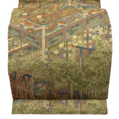 【美品】 袋帯 名品 宮中風景 草花 金彩 灰緑 全通 正絹 【中古】