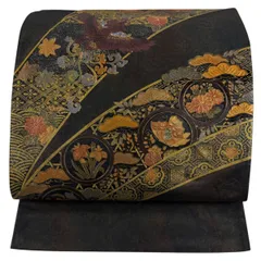 袋帯 名品 向かい鳥 草花 螺鈿 金彩 深緑 お太鼓柄 正絹 【中古】