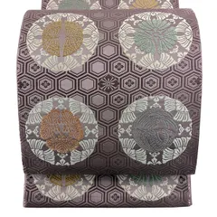 【美品】 袋帯 名品 丸文 花鳥 刺繍 薄紫 六通 正絹 【中古】