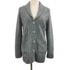 グローブ grove カーディガン ニット ショールカラー リブ ケーブル編み 長袖 L グレー