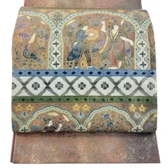 袋帯 逸品 紬地 人物 草花 金銀彩 赤茶 お太鼓柄 正絹 【中古】