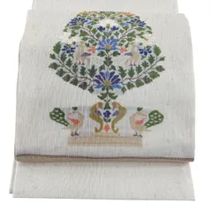 【美品】 袋帯 逸品 落款 夏帯 向かい鳥 草花 箔 クリーム お太鼓柄 正絹 【中古】