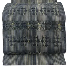 名古屋帯 秀品 八寸名古屋帯 松葉仕立て 幾何学模様 縞模様 金糸 組織 青灰色 正絹 【中古】