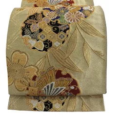 袋帯 秀品 雪輪 蝶 金糸 ラメ糸 金色 六通 正絹 【中古】