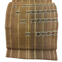 【美品】 袋帯 秀品 縞 幾何学模様 金糸 刺繍 山吹茶色 お太鼓柄 正絹 【中古】