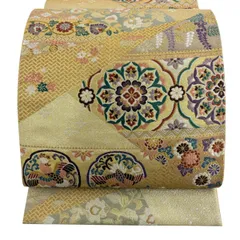 【美品】 袋帯 秀品 華文 花鳥 金糸 箔 山吹色 六通 正絹 【中古】