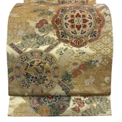 【美品】 袋帯 秀品 鏡裏華紋 鳥 金糸 唐織 金色 六通 正絹 【中古】