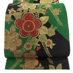 【美品】 袋帯 秀品 振袖向き 梅 草花 金糸 箔 緑 六通 正絹 【中古】