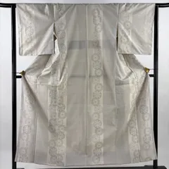 【美品】 大島紬 身丈156cm 裄丈64.5cm M 袷 証紙 源氏車 縦縞 灰白 正絹 秀品 【中古】