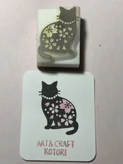 消しゴムはんこ　猫シルエット桜