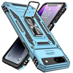 Google Pixel 7A ケース リング付き スライド式カメラカバー 衝撃吸収 ピクセル 7a ケース 耐衝撃 一体型落下防止 米国軍事MIL標準取得 スタンド機能 PC+TPU 二重構造 防塵 薄型 軽量 360度回転 全面保護携帯カバー （スカイブル