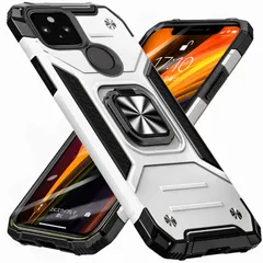 Pixel 5 ケース リング PC+TPU 米国軍事MIL標準取得 衝撃吸収 耐衝撃 落下防止 スタンド機能 二重構造 防塵 薄型 軽量 一体型 360度回転 全面保護カバー グーグル ピクセル 5 ケース 銀 W-KM-20-04