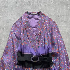昭和レトロ パープル小花総柄 ロングワンピース 花柄パープルベルト付き 長袖