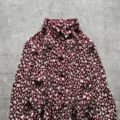 昭和レトロ ボルドー総柄シャツワンピース ホワイトドット風柄 ロング丈 長袖クラシック