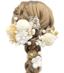 [JZOON] 成人式 髪飾り【8色展開】 卒業式 袴 ドライフラワー あじさい かすみ草 造花飾り ヘアアクセサリー 和玉 赤 ゴールド ヘッドパーツ 振袖 着物 七五三 浴衣 結婚式用 パール 手作り 専用ケース付き ホワイト＆ゴールド 白と金 A7100