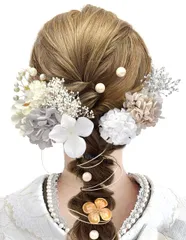 [Baramoly] 髪飾り 成人式 和装小物 卒業式 結婚式 和装 着物 袴 振袖 プリザーブドフラワー かすみ草 あじさい ヘアアクセサリー 水引 ヘッドパーツ 専用ケース付き ベージュ A5107