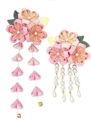 [JZOON] 髪飾り2点セット 成人式 七五三 浴衣 袴 着物 振袖 和装 つまみ細工 花 卒業式 結婚式 鈴付き 手作り 赤 黄 紫 ピンク グレー 白と青 6色